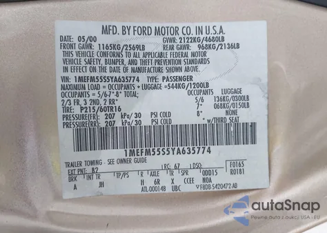 2000 Mercury Sable Ls Premium from USA, damaged, VIN 1MEFM55S5YA635774